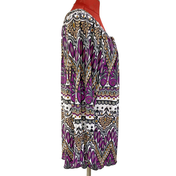 New Directions Size XL Peasant Top Tunic Blouse Boho Purple Gray Tan Floral Chic - Picture 7 of 9
